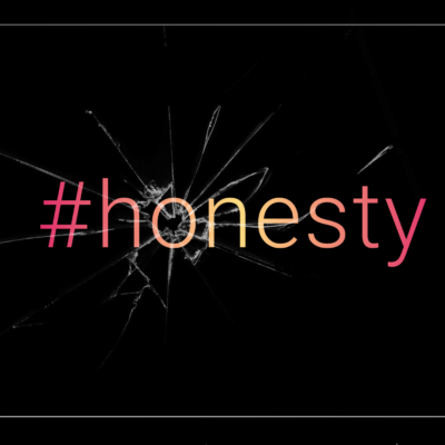 A black background with the faint outline of an iPhone screen. In the middle a crack on the screen spreads out from the "o" of the word "#honesty" the colour of which fades from pink to yellow and back to pink again.